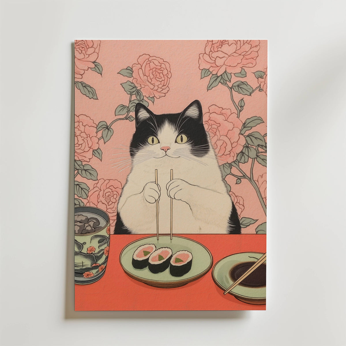 Mockup av Pink Table Cat affisch på vägg – köp enkelt hos Bozetto i hög kvalitet