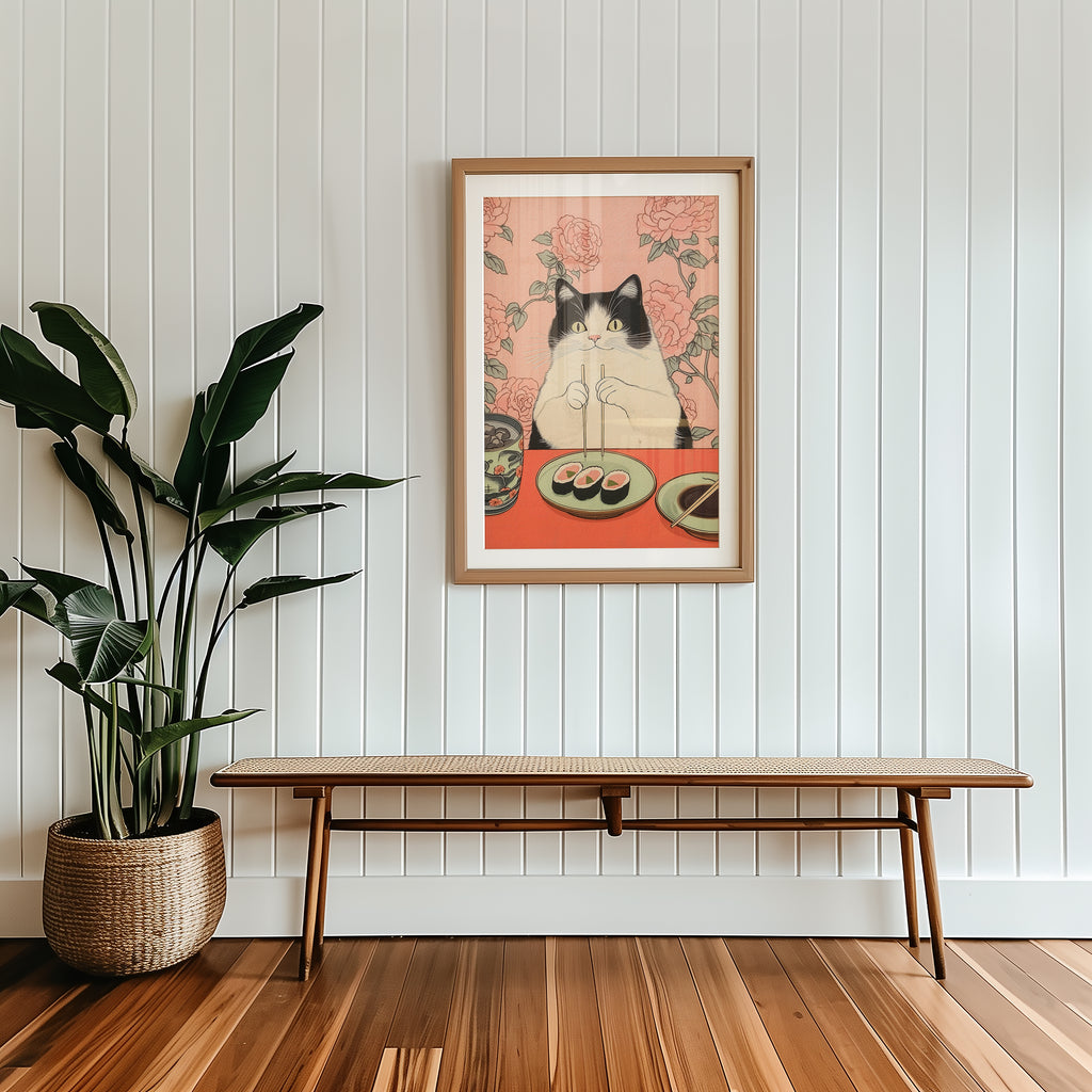 Väggmockup av Pink Table Cat affisch på ljus tegelvägg – Bozetto konsttryck i hög tryckkvalitet