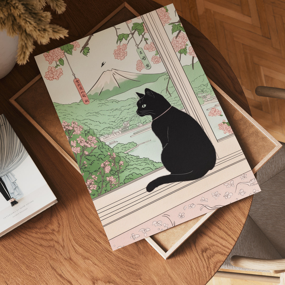 Väggmockup av Sakura Window Cat affisch på ljus vägg – Bozetto konsttryck – nr 4