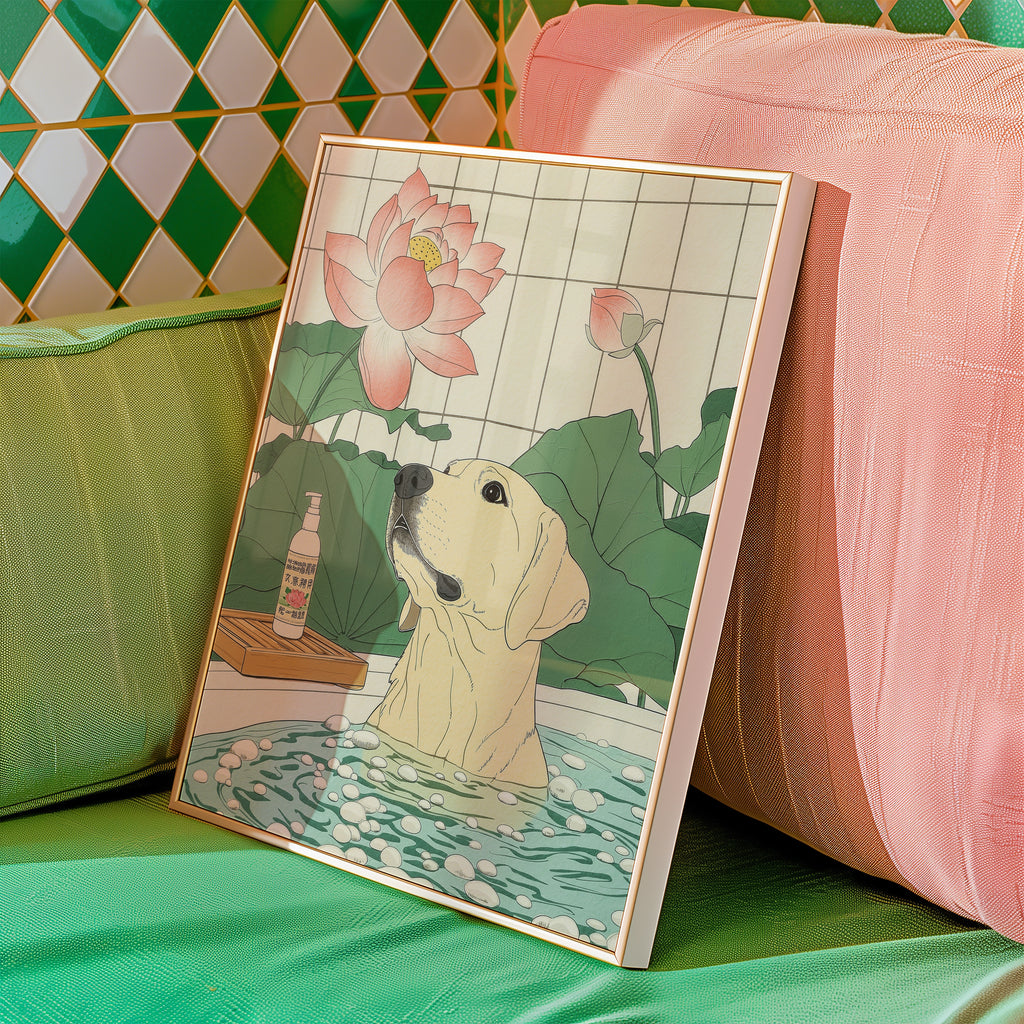 Väggmockup av Lotus Bath Dog affisch på ljus tegelvägg – Bozetto konsttryck i hög tryckkvalitet