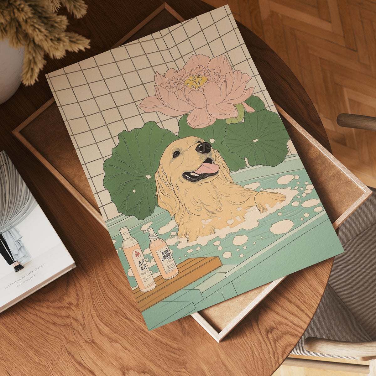 Lotus Joy Dog i väggmockup – konsttryck presenterat i verklig miljö av Bozetto i hög tryckkvalitet