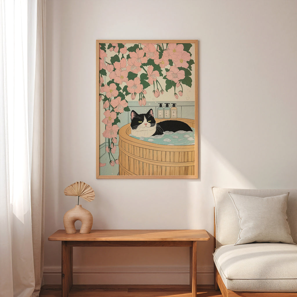 Zen Cat Bath poster visualiserad på vägg – se rätt storlek med mockup från Bozetto