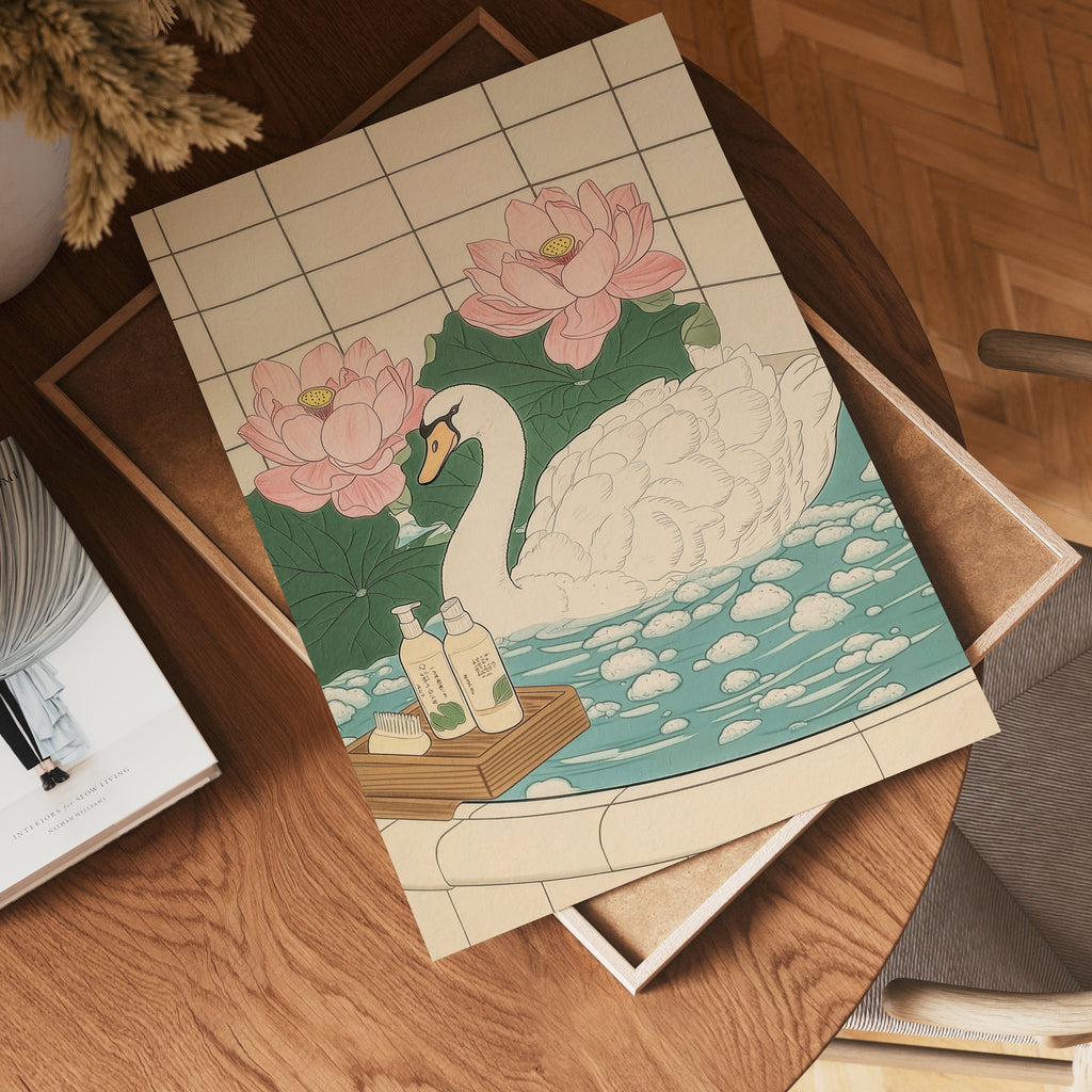 Väggmockup av Swan In Lotus Bath affisch på ljus vägg – Bozetto konsttryck – nr 4