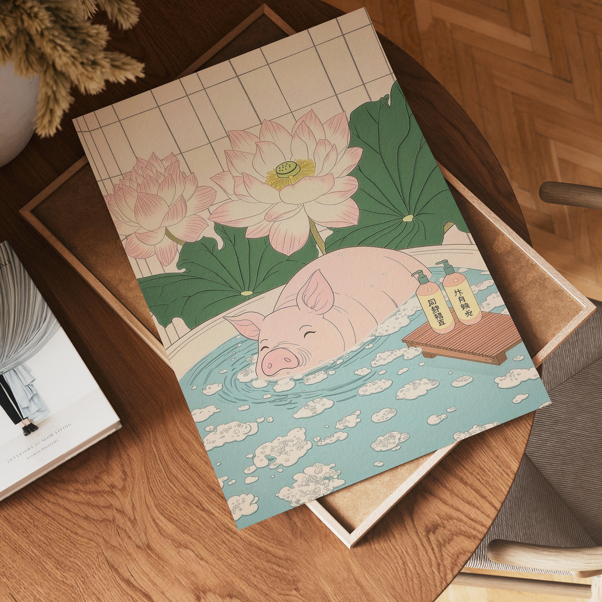 Väggmockup av Pig In Lotus Bath affisch på ljus vägg – Bozetto konsttryck – nr 4
