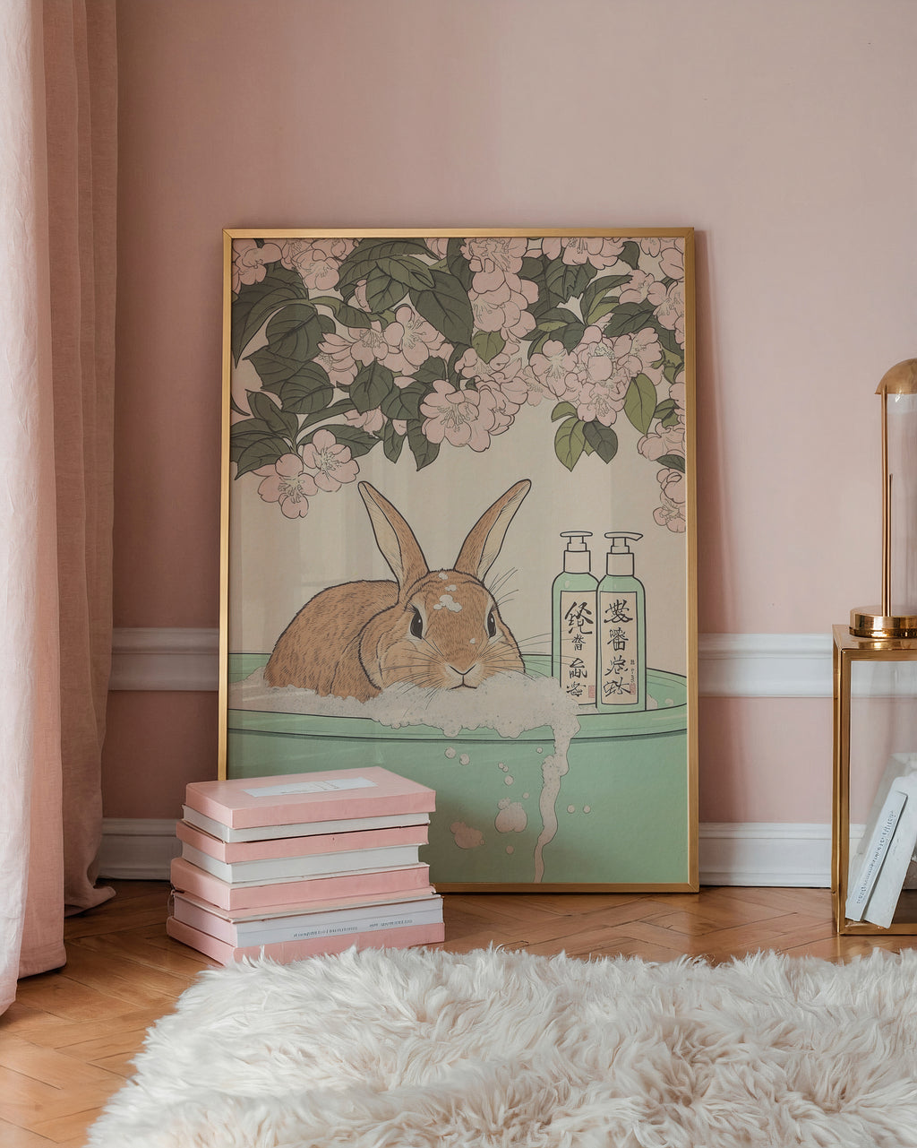 Väggmockup med Tranquil Rabbit Moment – köp enkelt hos Bozetto affisch i hög kvalitet