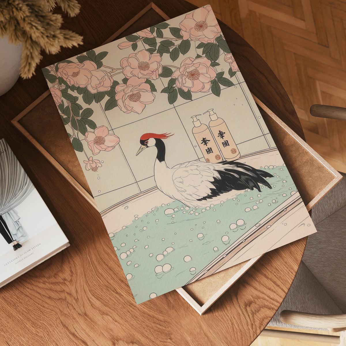 Väggmockup av Crane In Blossom Bath affisch på ljus vägg – Bozetto konsttryck – nr 4