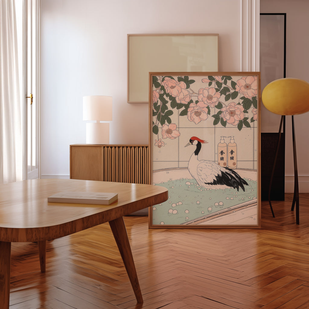 Väggmockup av Crane In Blossom Bath affisch på ljus vägg – Bozetto konsttryck – nr 2