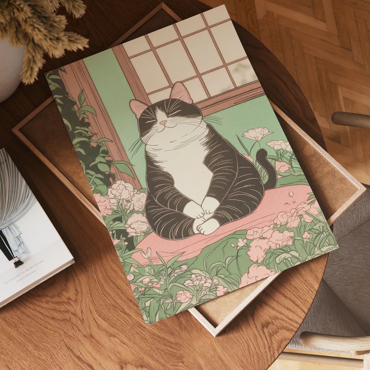 Zen Cat i väggmockup – konsttryck presenterat i verklig miljö av Bozetto i hög tryckkvalitet