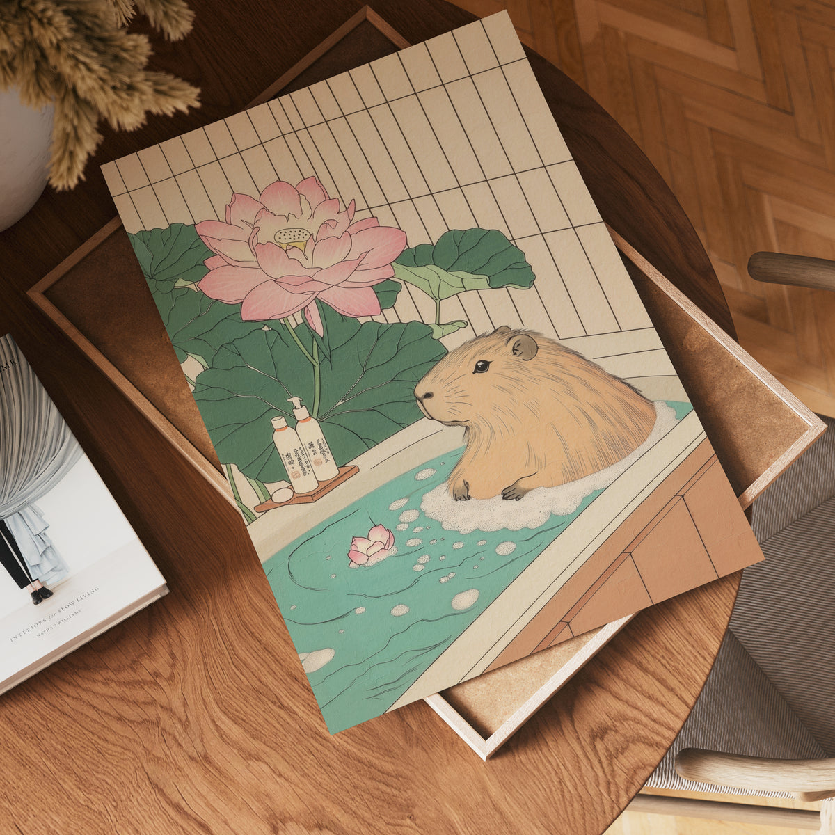 Capybara In Lotus Bath poster visualiserad på vägg – stilren mockup från Bozetto