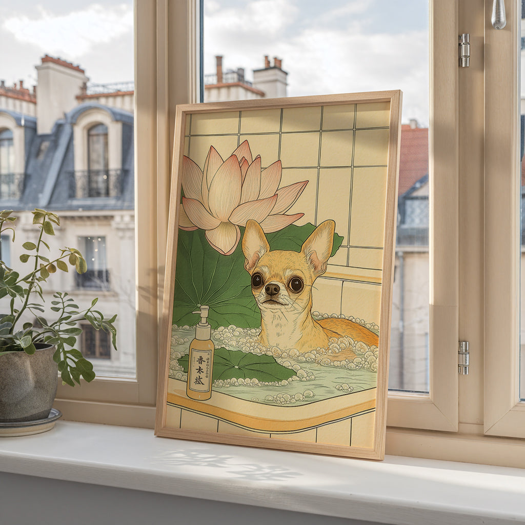 Chihuahua In Lotus Bath poster visualiserad på vägg – från Bozetto i hög kvalitet
