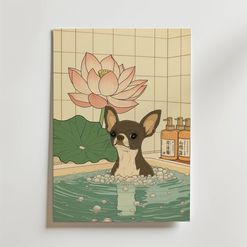 Mockup av Chihuahua In Lotus Spa affisch på vägg – köp enkelt hos Bozetto i hög kvalitet