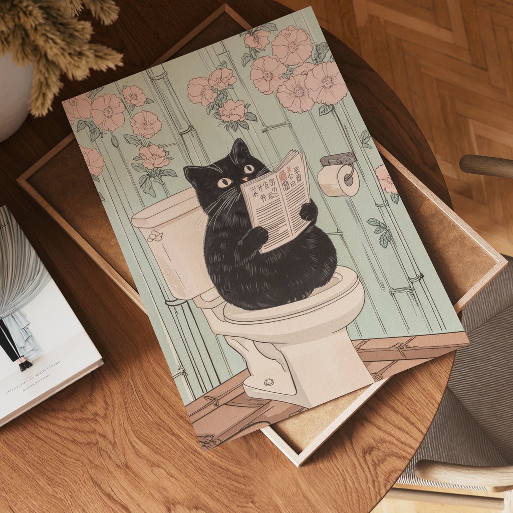 Väggmockup av Black Cat Morning Routine affisch på ljus vägg – Bozetto konsttryck
