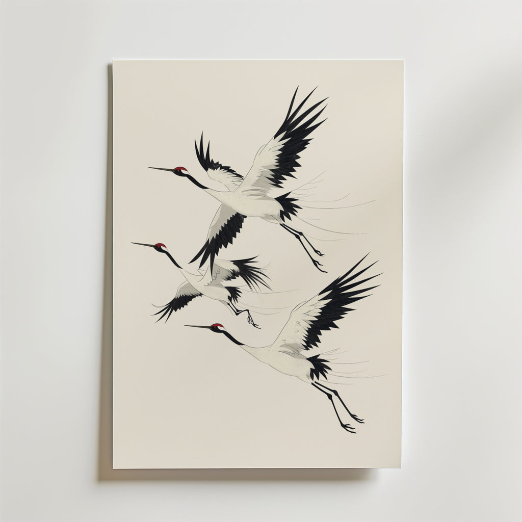 Cranes in Flight – stilfullt konsttryck från Bozetto, tryckt på matt finpapper i hög tryckkvalitet