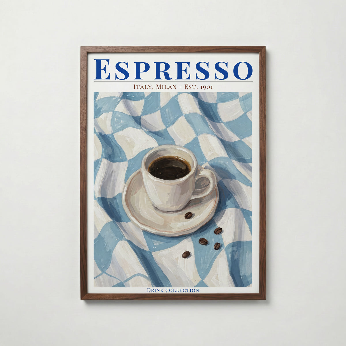 Espresso konsttryck på vit bakgrund – elegant Bozetto affisch för hemmet i hög tryckkvalitet