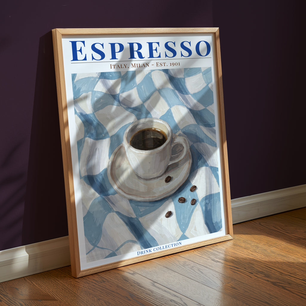 Espresso affisch i ljust minimalistiskt vardagsrum – köp enkelt hos Bozetto i hög kvalitet