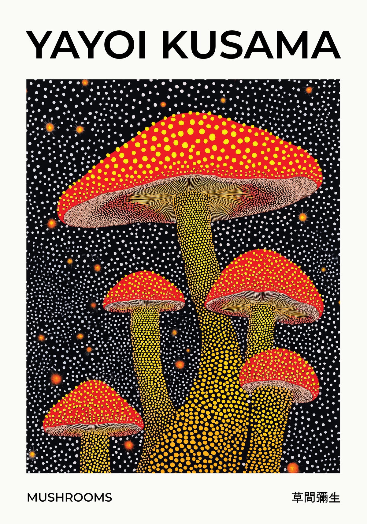 Yayoi Kusama Mushrooms poster visad rakt fram – Bozetto affisch i hög tryckkvalitet