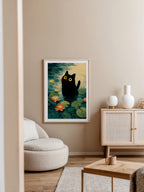 Lily Pond Cat poster pa vagg med passepartout i hemmiljo, Bozetto