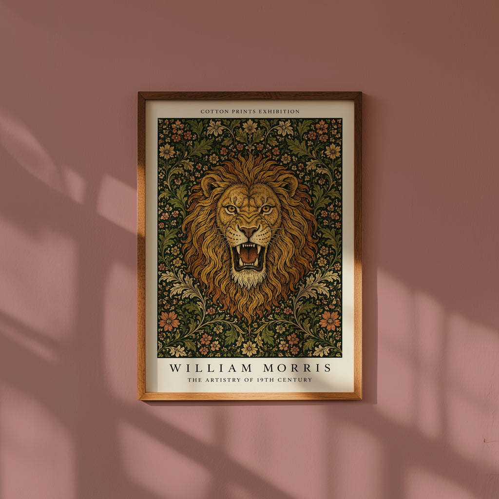 Plakat z lwem w kwiatach autorstwa Williama Morrisa