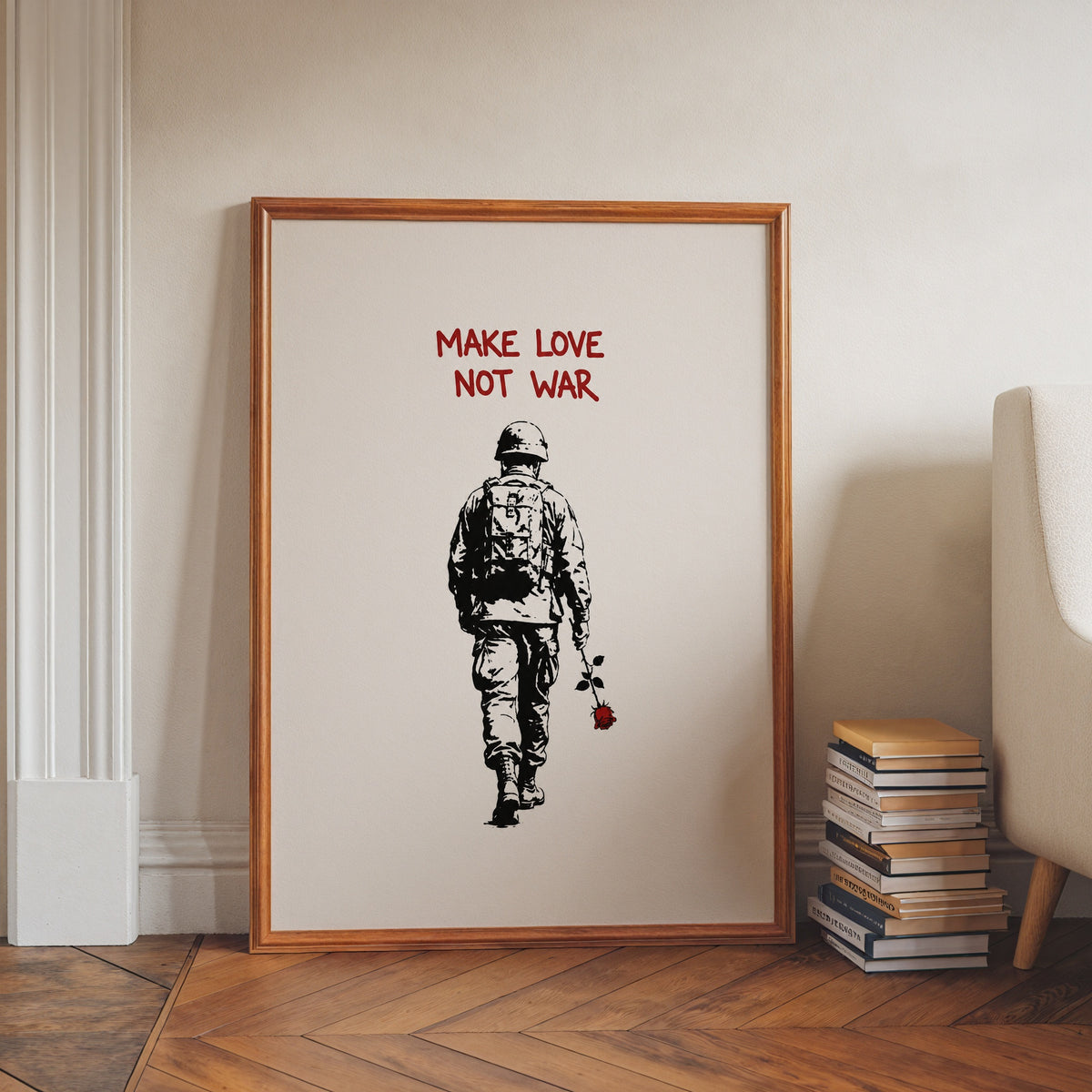 Love Not War Poster i ram i stilren miljö