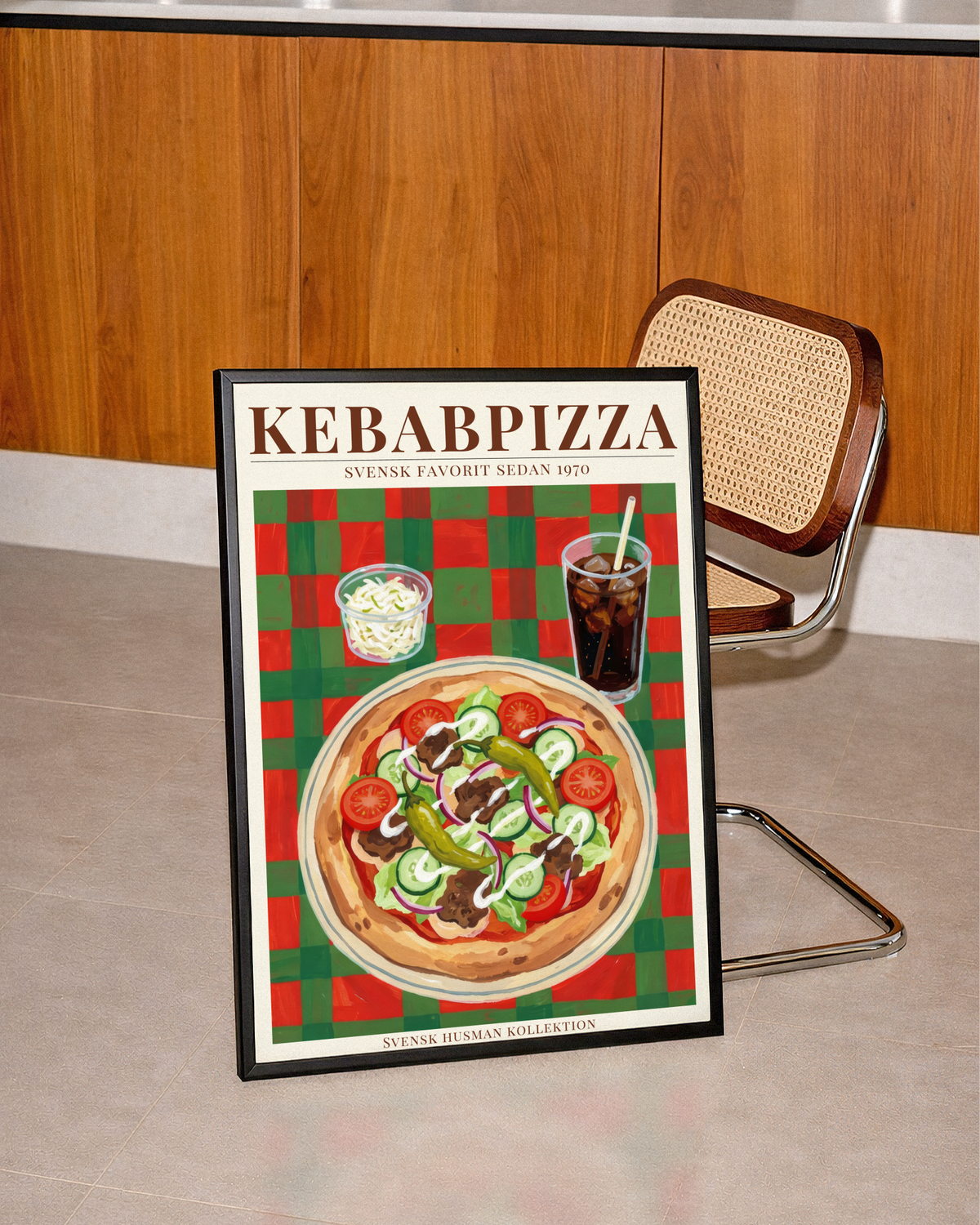 Väggmockup av Kebabpizza affisch på ljus tegelvägg – Bozetto konsttryck i hög tryckkvalitet