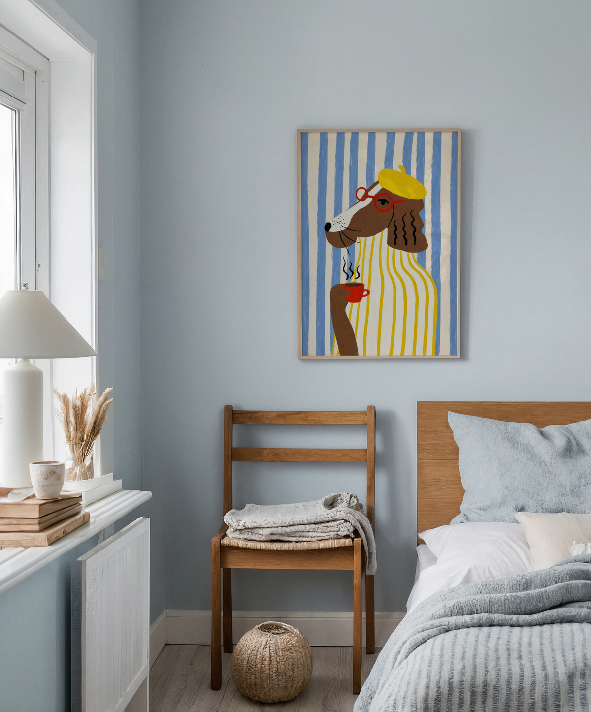 Mockup av Sunny Café Dog affisch på vägg – köp enkelt hos Bozetto i hög kvalitet