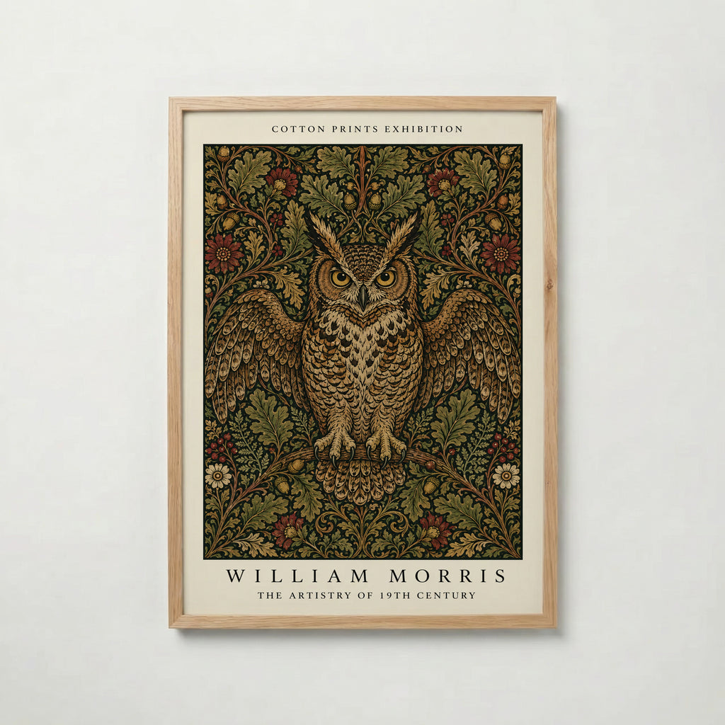 Plakat z sową wśród dębów autorstwa Williama Morrisa