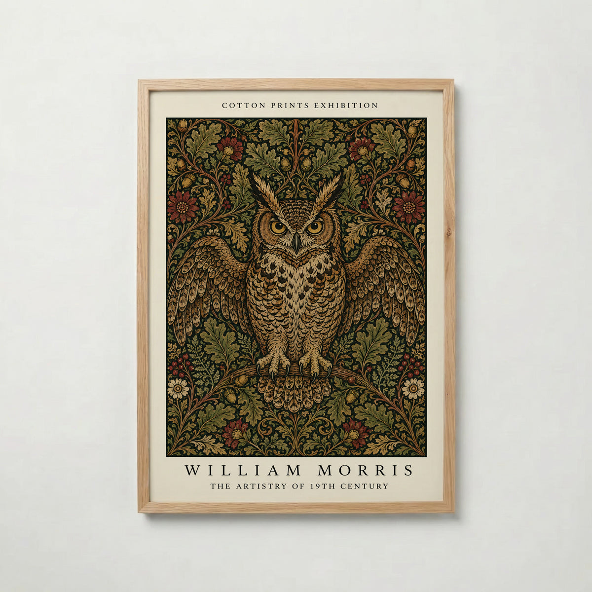 Plakat z sową wśród dębów autorstwa Williama Morrisa