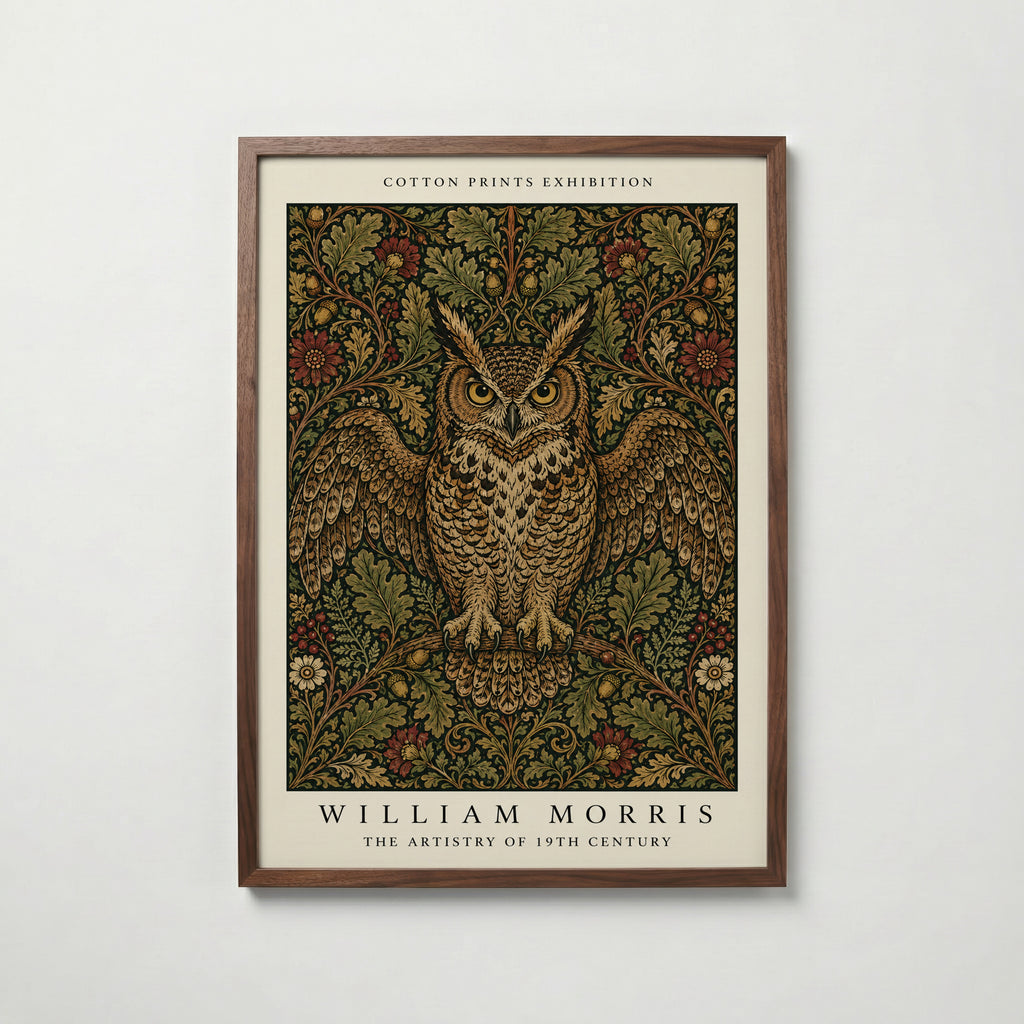 Plakat z sową wśród dębów autorstwa Williama Morrisa