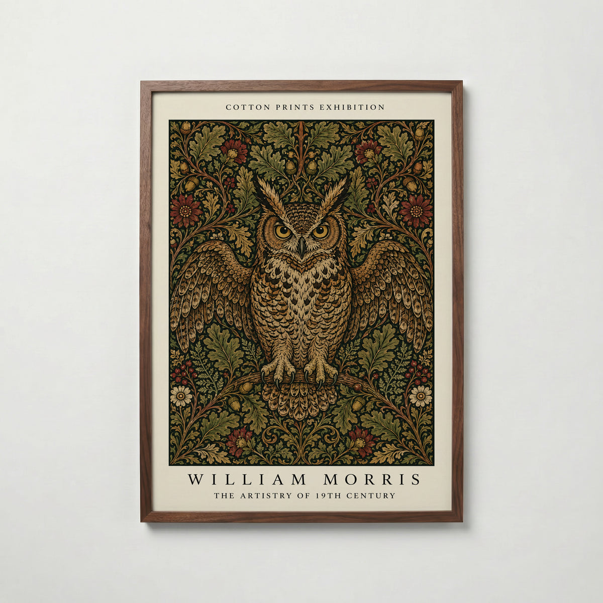 Plakat z sową wśród dębów autorstwa Williama Morrisa