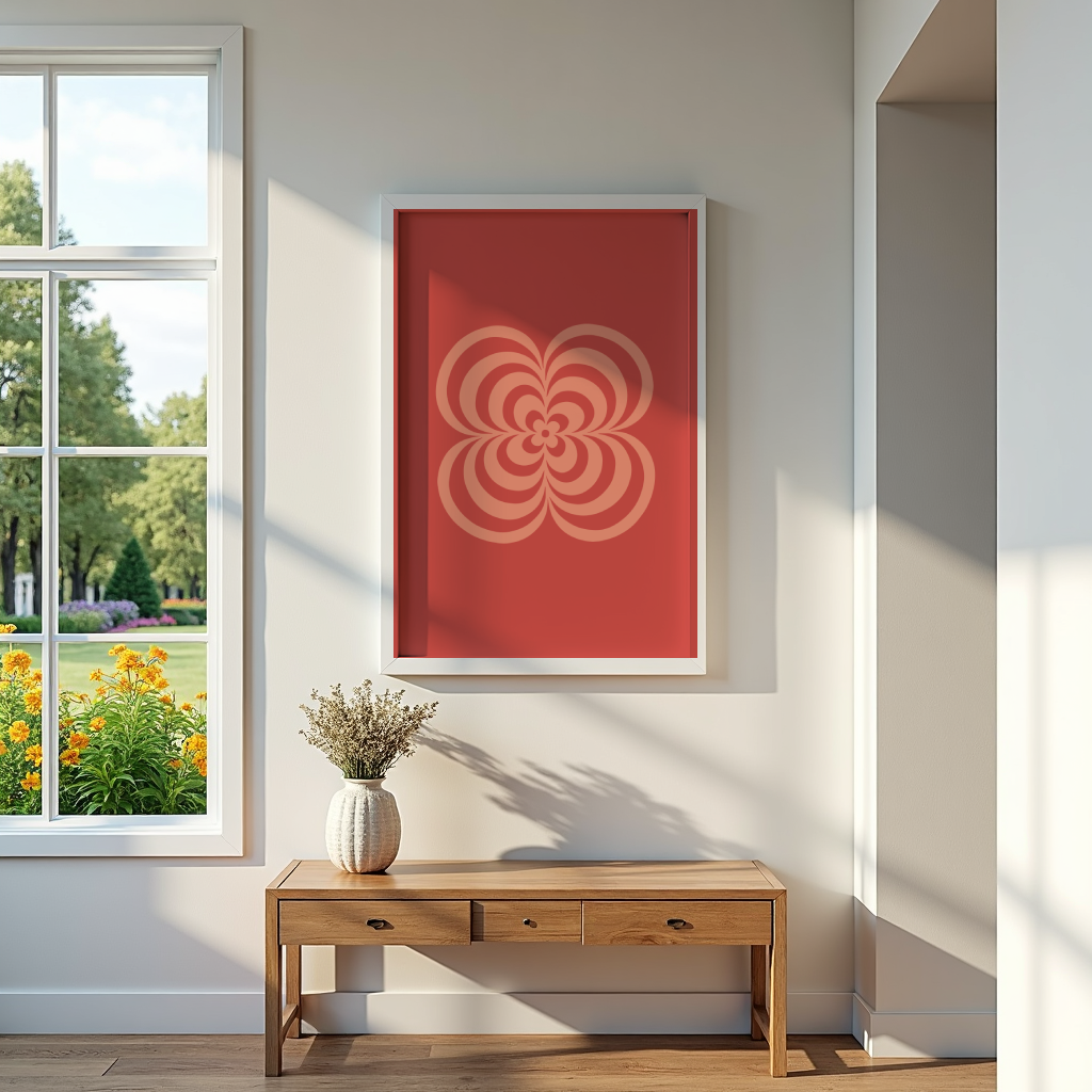 Mockup av Retro Bloom Red affisch på vägg – köp enkelt hos Bozetto i hög kvalitet