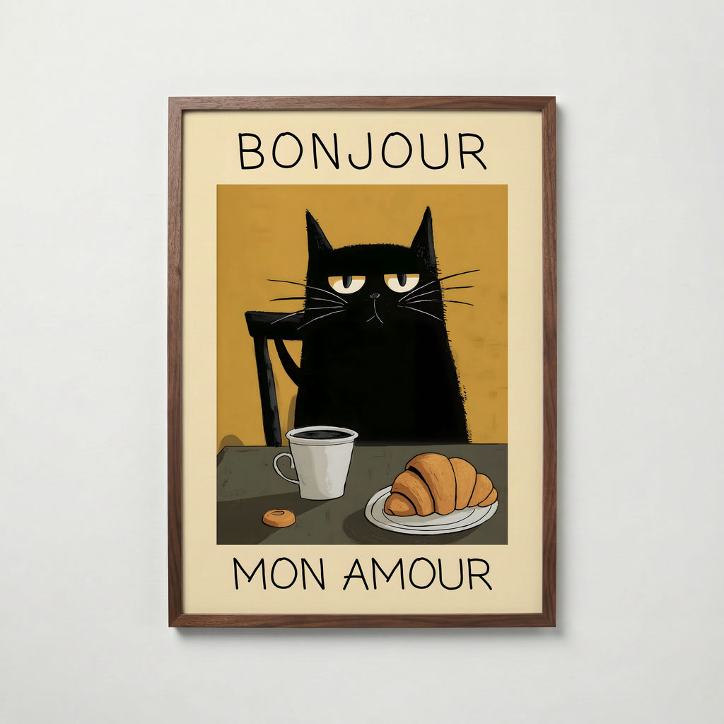 Parisian Cat Breakfast affisch på vit bakgrund – köp enkelt hos Bozetto i hög kvalitet
