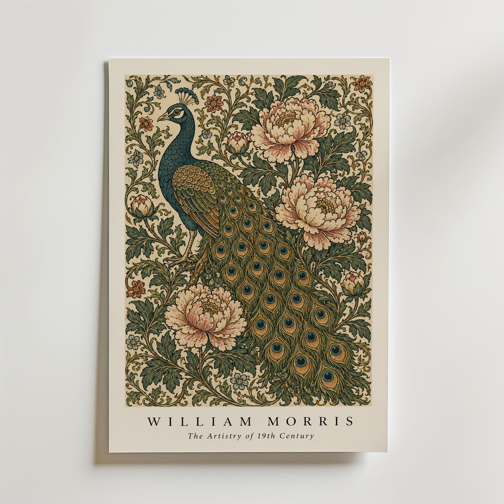 Plakat z pawiem i piwoniami autorstwa Williama Morrisa