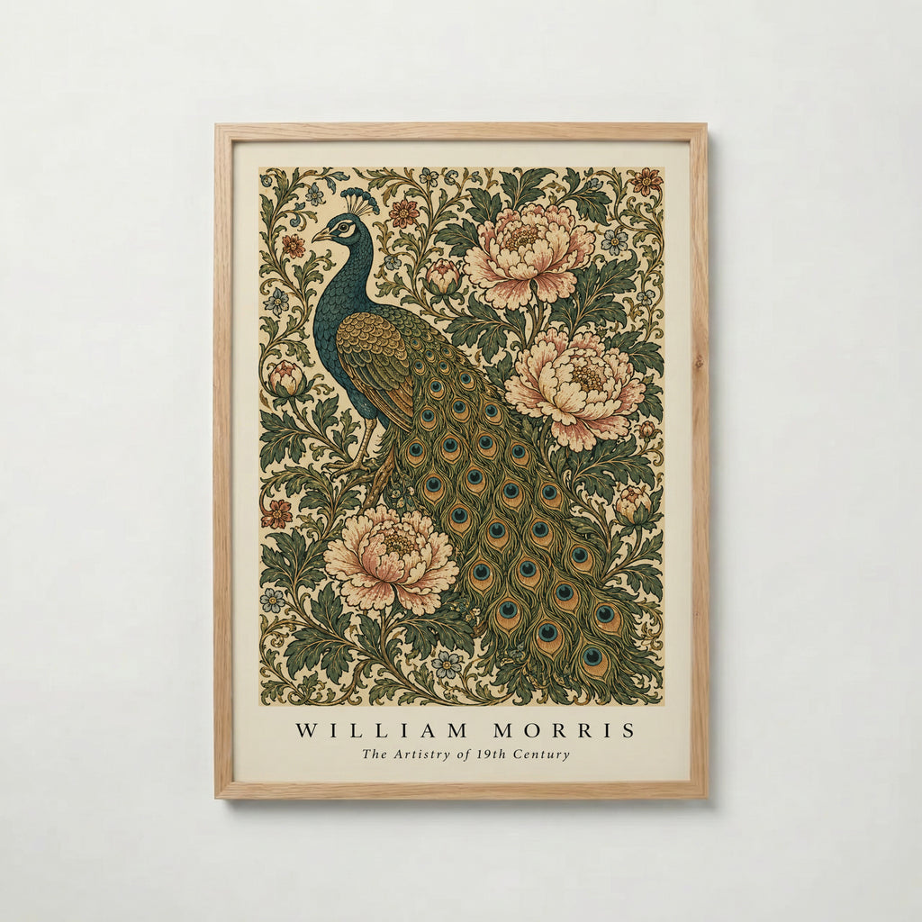 Plakat z pawiem i piwoniami autorstwa Williama Morrisa