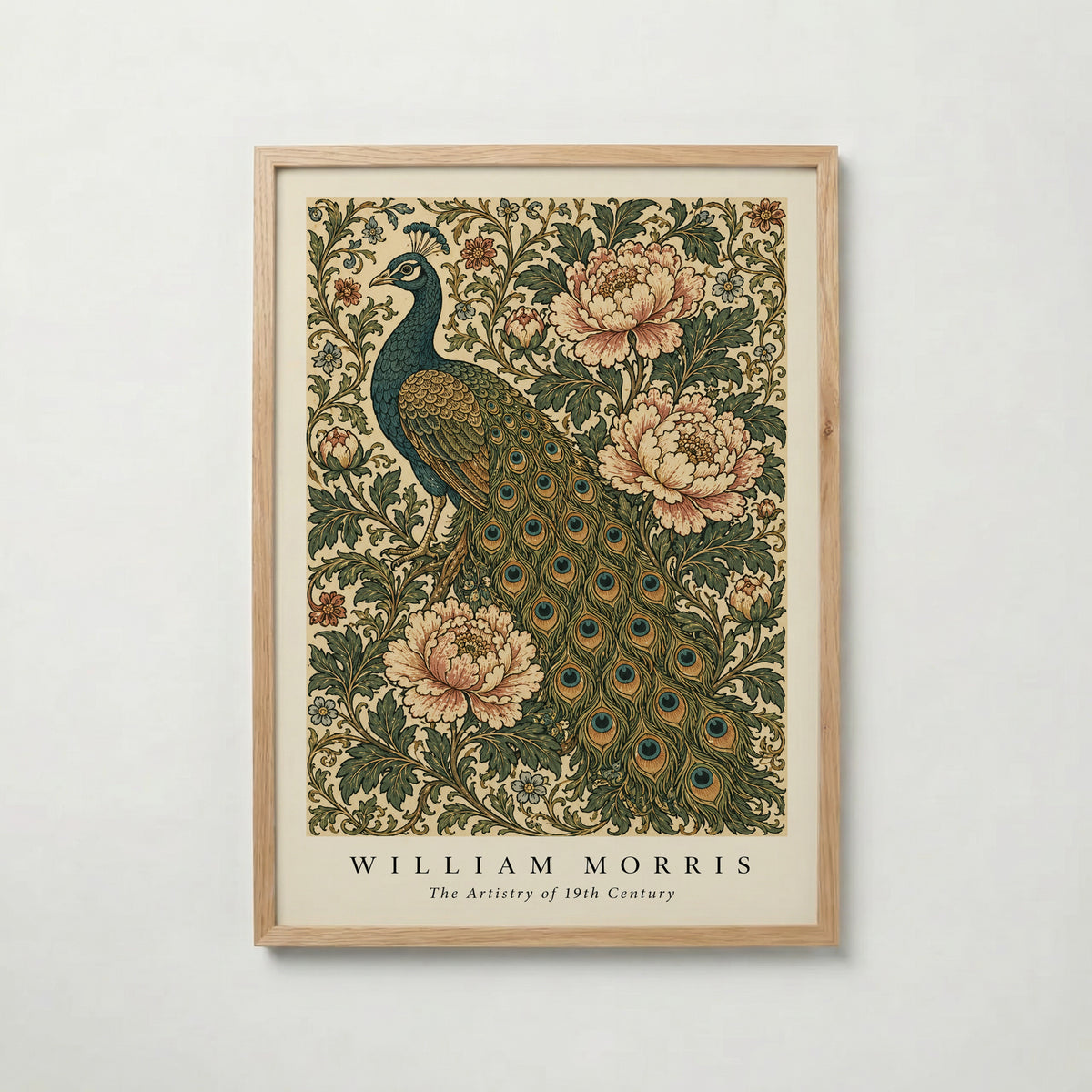 Plakat z pawiem i piwoniami autorstwa Williama Morrisa