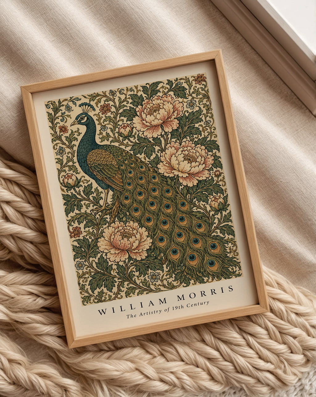 Plakat z pawiem i piwoniami autorstwa Williama Morrisa