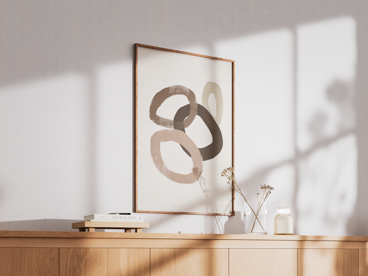Väggmockup av Muted Circles affisch på ljus tegelvägg – Bozetto konsttryck i hög tryckkvalitet