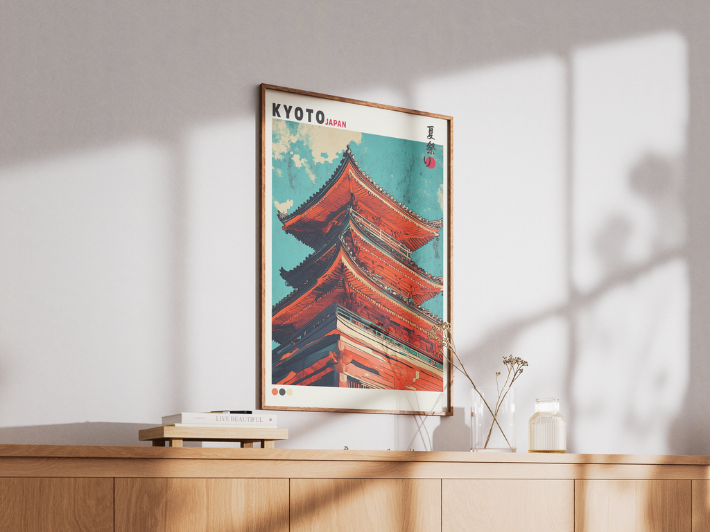 Mockup av Kyoto Skyline Pagoda affisch på vägg – köp enkelt hos Bozetto i hög kvalitet