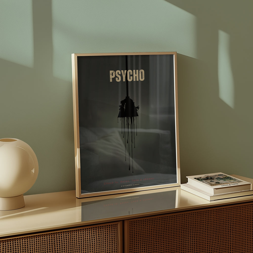Väggmockup av Psycho affisch på ljus tegelvägg – Bozetto konsttryck i hög tryckkvalitet