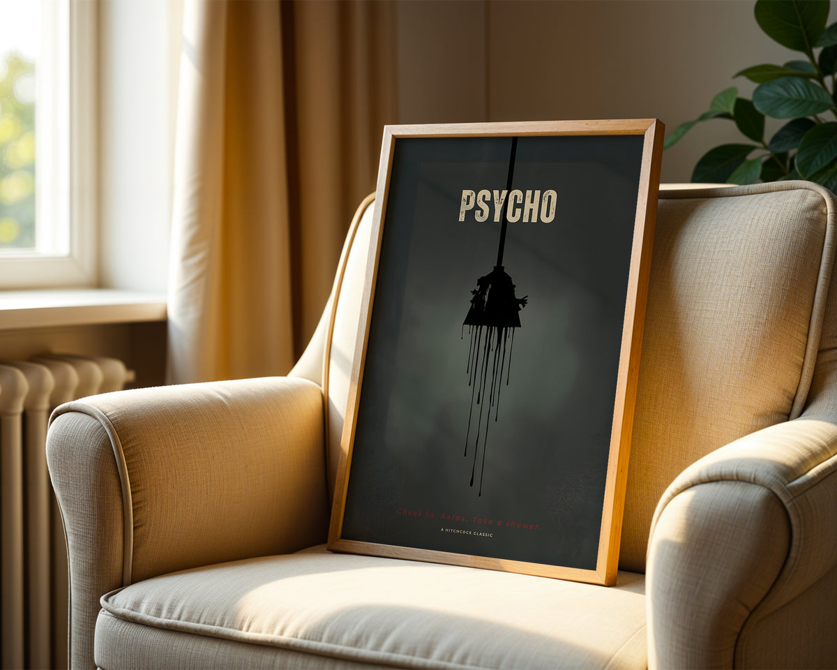 Psycho poster visualiserad på vägg – se rätt storlek med mockup från Bozetto i hög tryckkvalitet