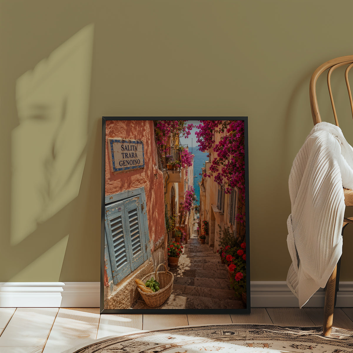 Marco Ricci Salita Trara Genoino Poster – smal blomstertrappa längs klipporna vid Amalfikusten