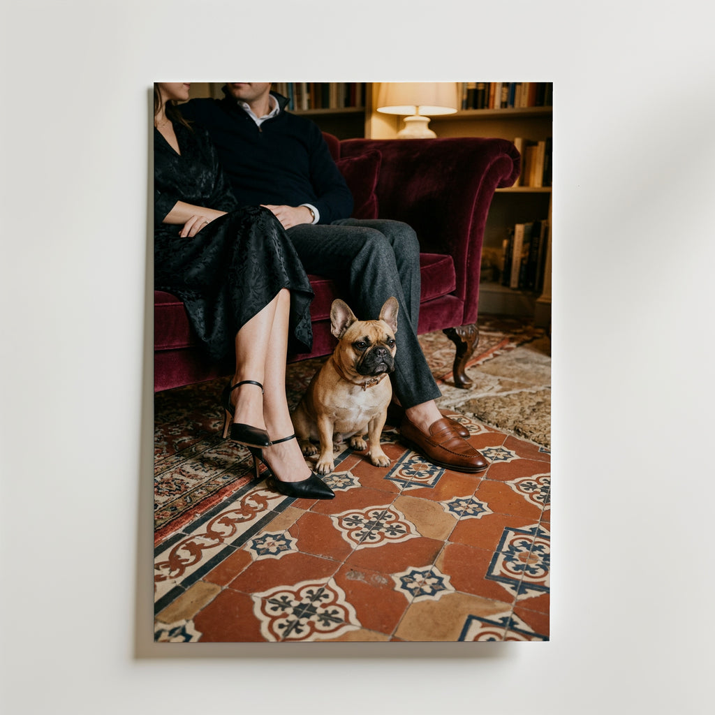 Salon Bulldog Poster – fransk bulldog i vintage-interiör mellan eleganta ben
