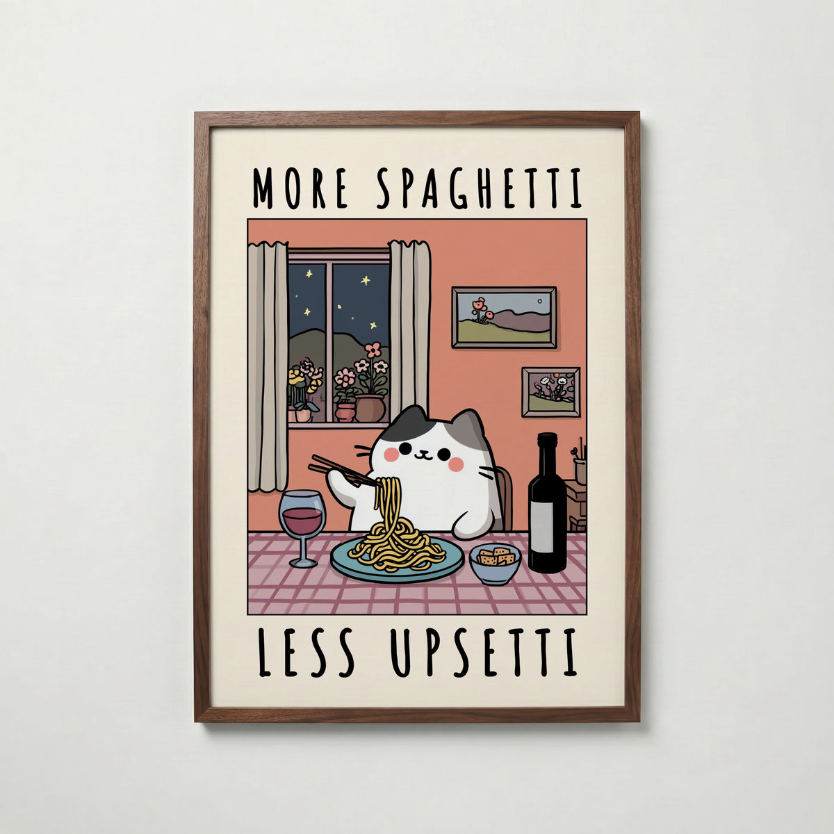Spaghetti Comfort Cat – affisch med snyggt motiv, köp enkelt hos Bozetto i flera storlekar