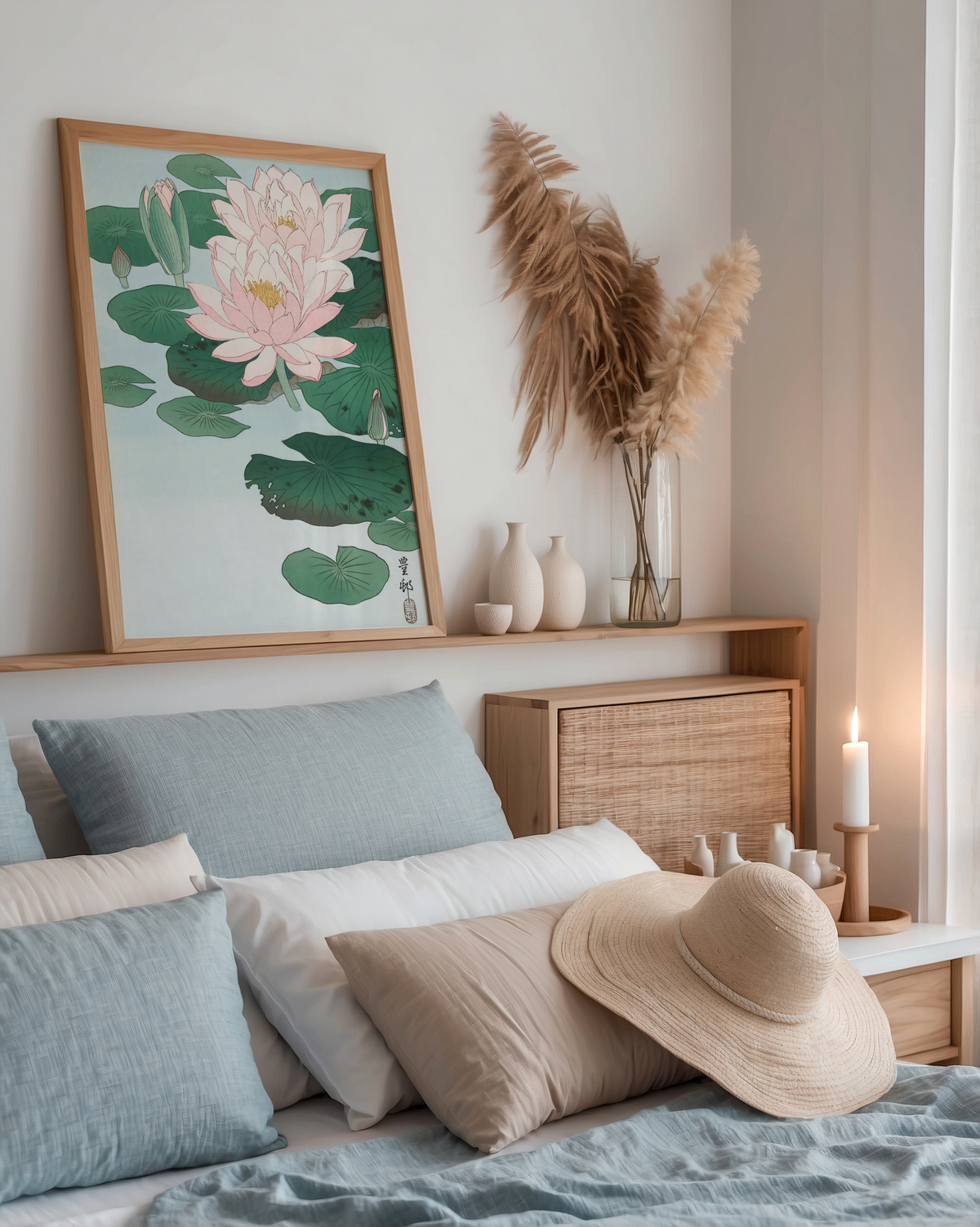 Ohara Koson Lotus Serenity poster visualiserad på vägg – från Bozetto i hög kvalitet