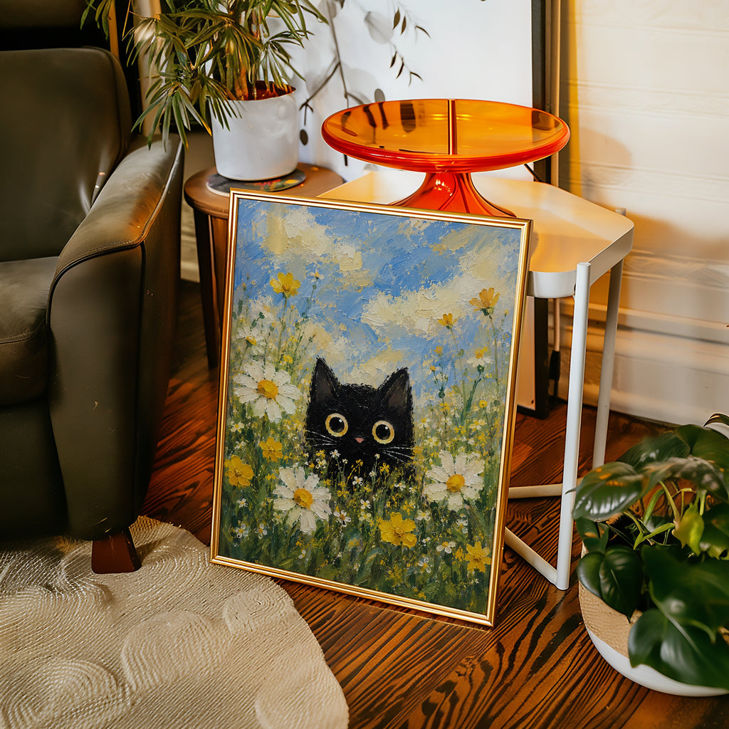 Summer Cat Poster – svart katt bland sommarblommor i ljust vardagsrum, väggkonst från Bozetto