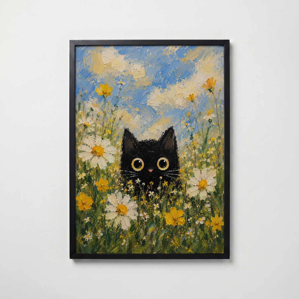 Summer Cat Poster – svart katt bland sommarblommor i svart ram, tryckt i Sverige