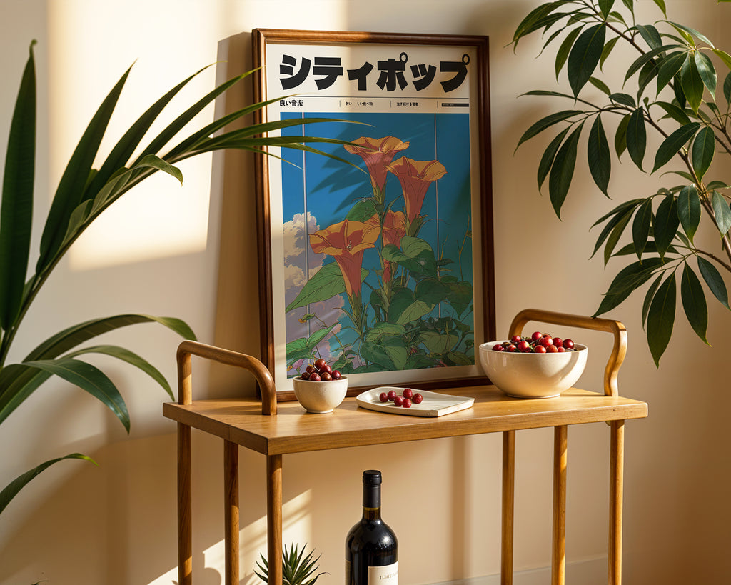 Sunrise Garden poster visualiserad på vägg – se rätt storlek med mockup från Bozetto