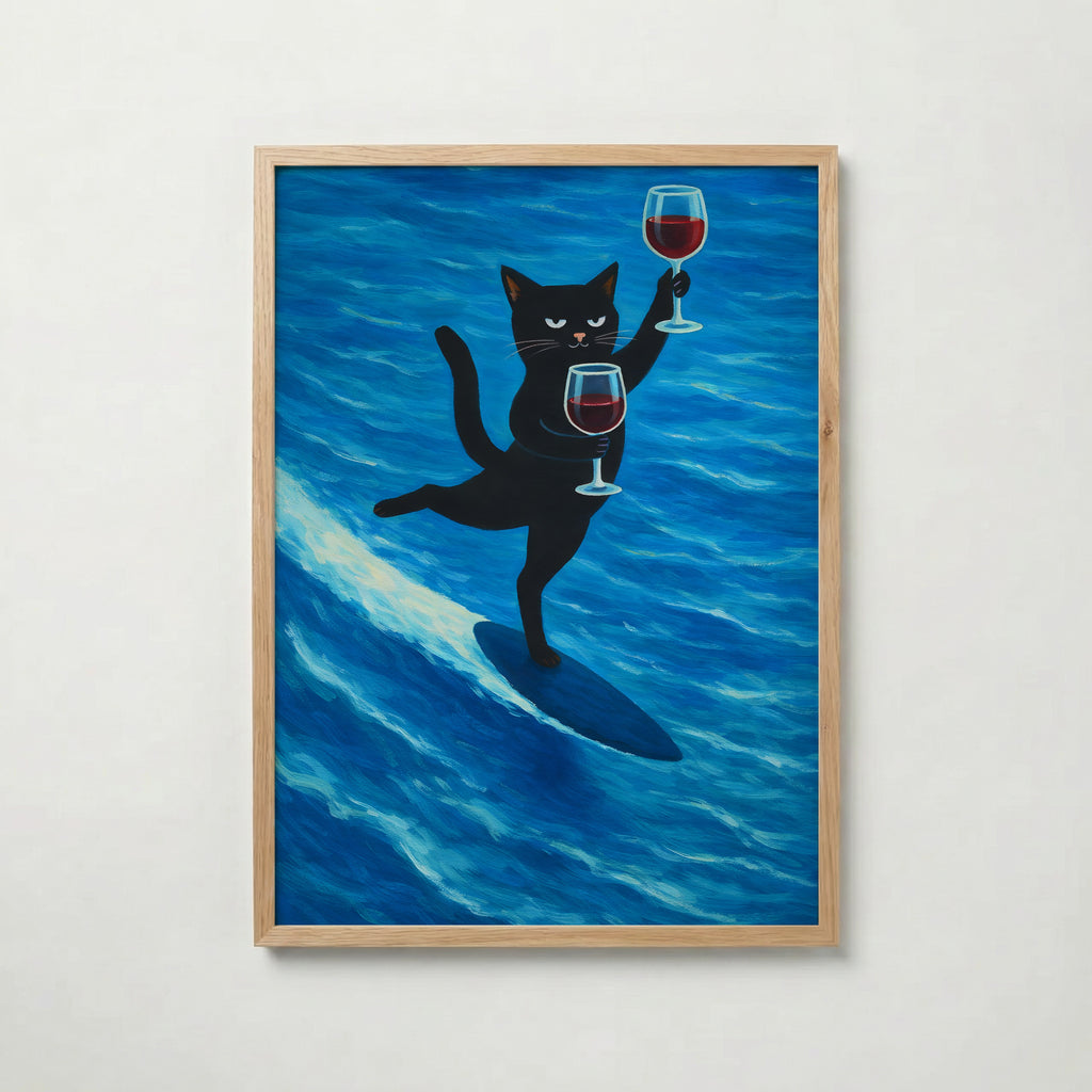 Surfing Wine Cat – affisch med snyggt motiv, köp enkelt hos Bozetto i flera storlekar