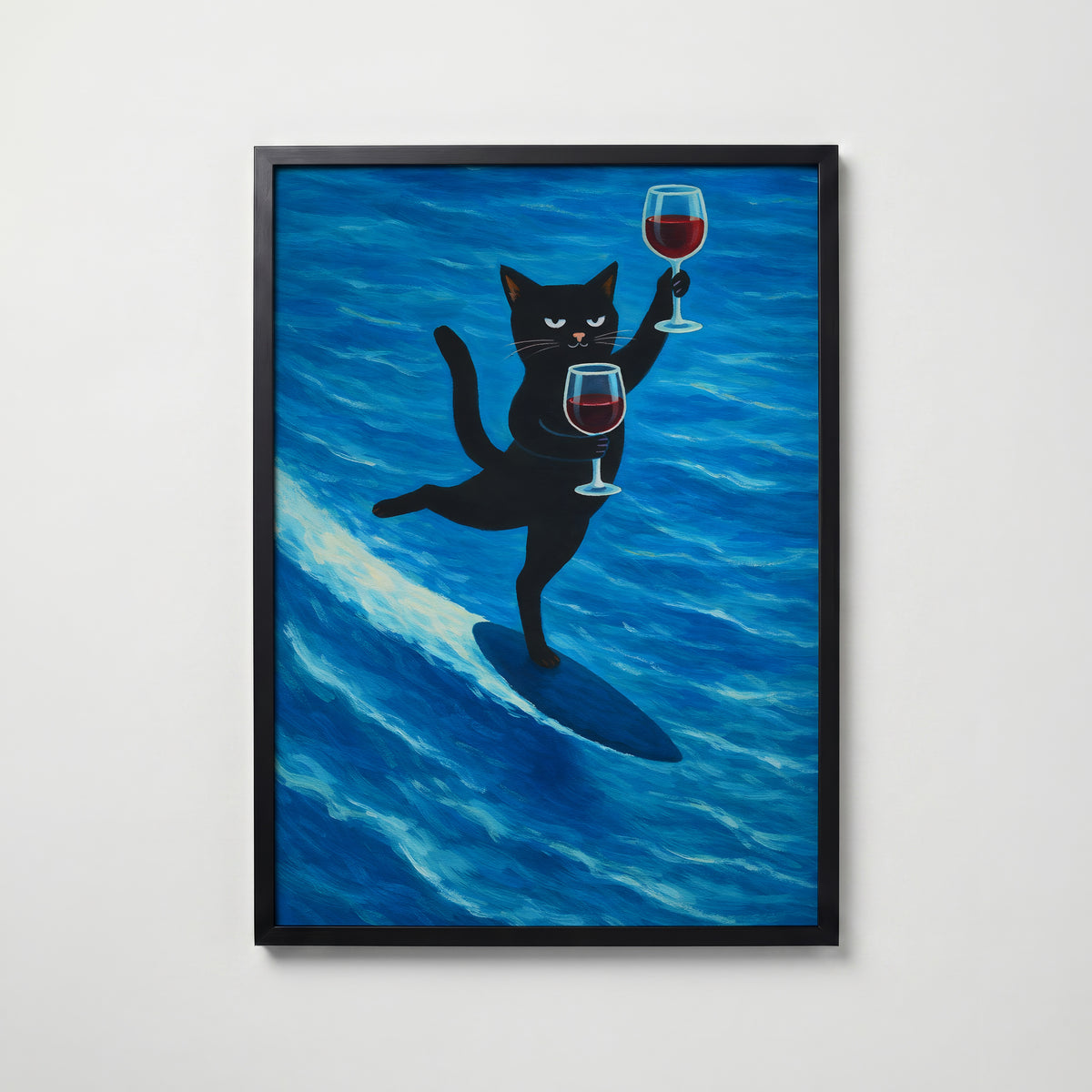 Surfing Wine Cat – köp enkelt hos Bozetto konsttryck i hög kvalitet i hög kvalitet