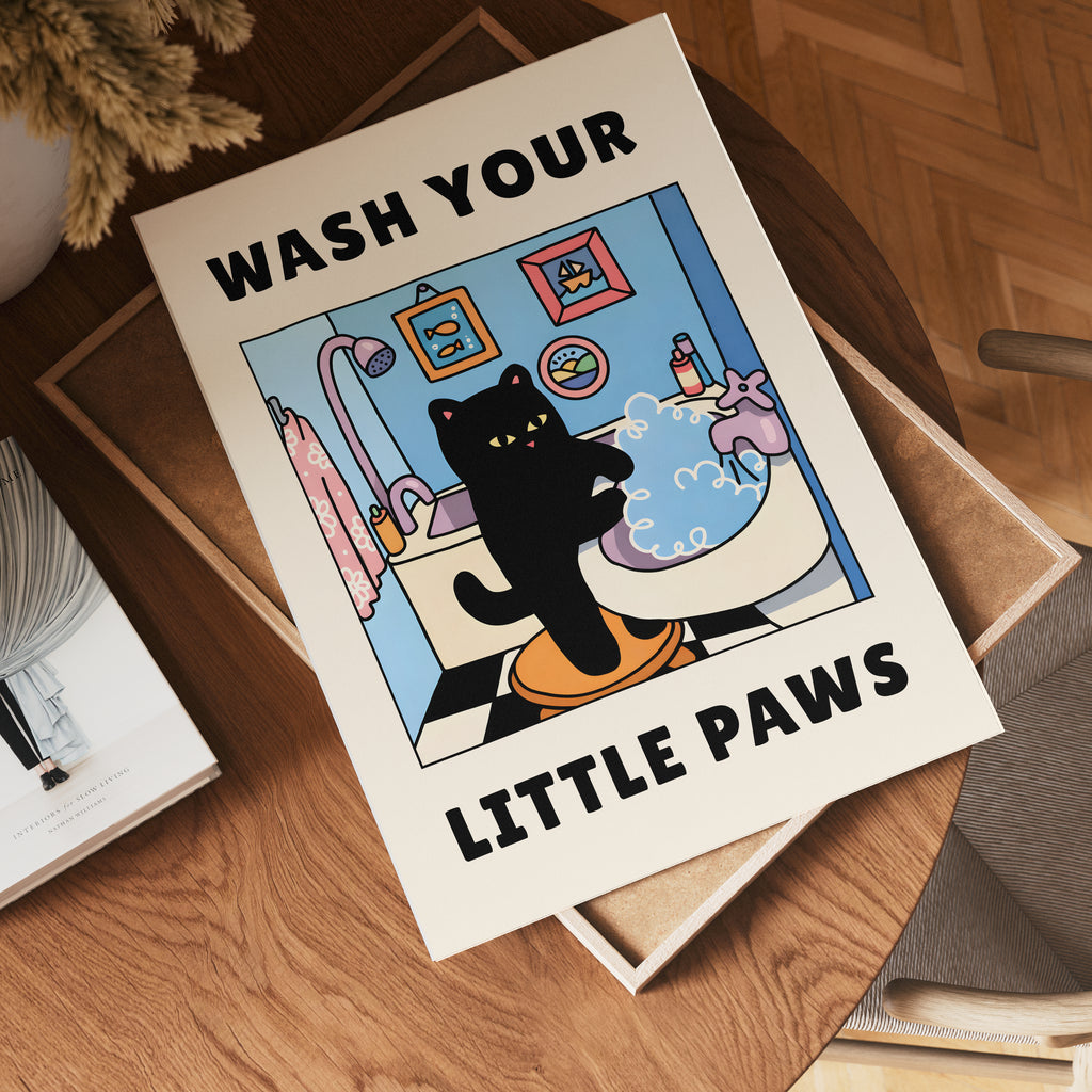 Wash Your Little Paws affisch på vit bakgrund – köp enkelt hos Bozetto i hög kvalitet