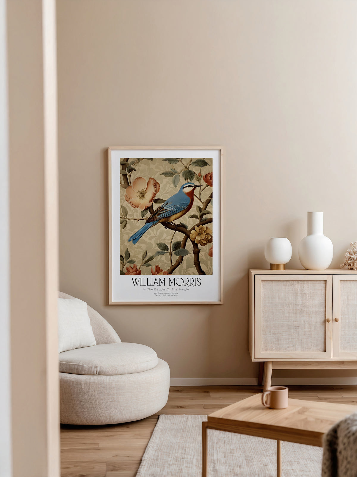 Mockup av William Morris Bluebird affisch på vägg – köp enkelt hos Bozetto i hög kvalitet